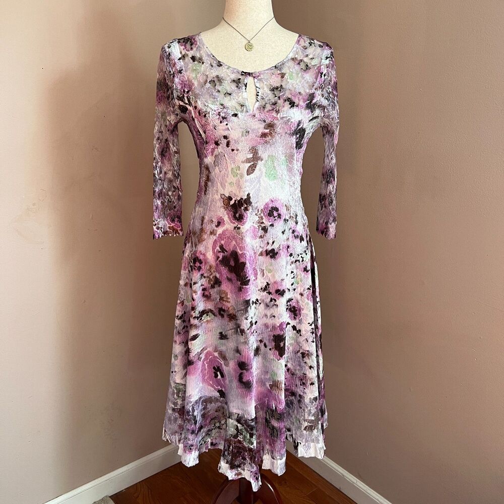 Komarov Floral Crinkle Dress Made in USA Lace Sleeve Fit Flare Midi Wedding M